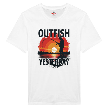 White t-shirt with fishing graphic and text 'Outfish Yesterday' on a white background