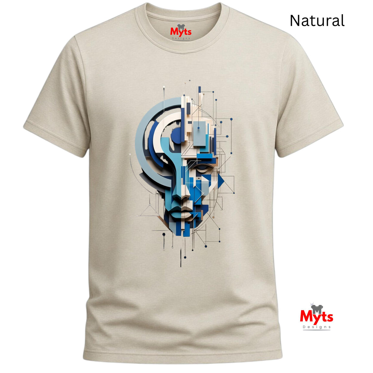 A natural crewneck t-shirt with a blue and gray geometric face graphic on the front, labeled 'Natural' in the top right corner with Myts branding.