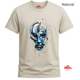 A natural crewneck t-shirt with a blue and gray geometric face graphic on the front, labeled 'Natural' in the top right corner with Myts branding.