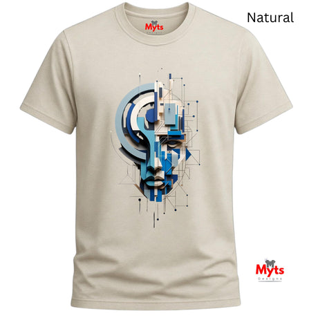 A natural crewneck t-shirt with a blue and gray geometric face graphic on the front, labeled 'Natural' in the top right corner with Myts branding.