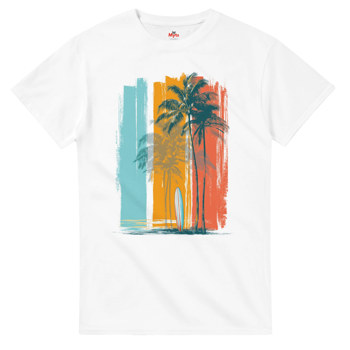 White t-shirt with a colorful palm tree and surfboard design on a white background