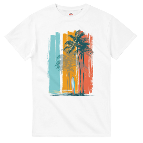 White t-shirt with a colorful palm tree and surfboard design on a white background