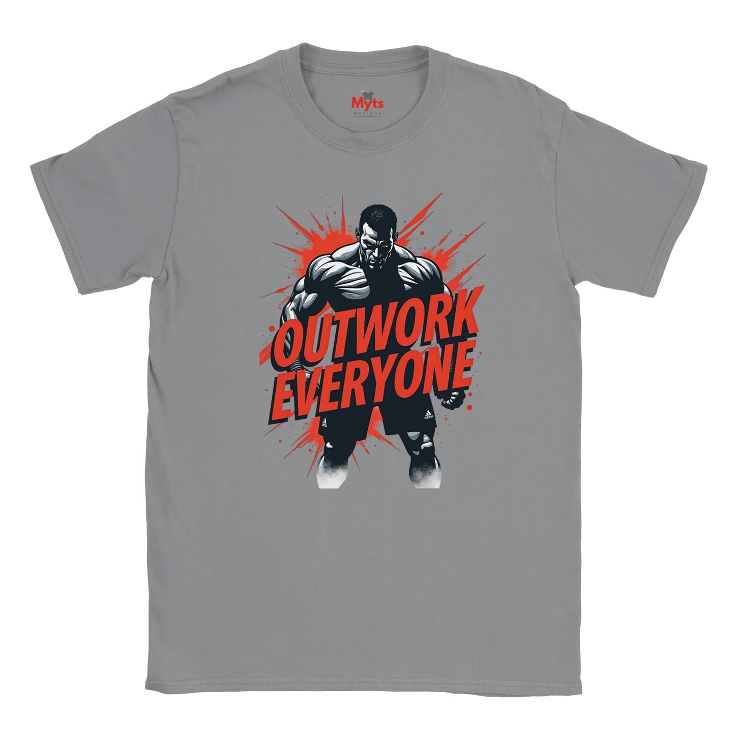 Gray t-shirt with a graphic of a muscular man and 'Outwork Everyone' text on a white background