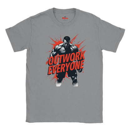 Gray t-shirt with a graphic of a muscular man and 'Outwork Everyone' text on a white background