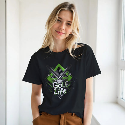 Person wearing a black t-shirt with 'Golf Life' graphic design.