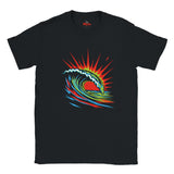 Black t-shirt with a colorful wave design on a white background