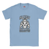 Light Blue unisex t-shirt featuring a muscular donkey graphic with “Sweet But I Will Headbutt You” slogan by MytsDesigns.