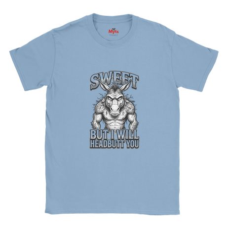 Light Blue unisex t-shirt featuring a muscular donkey graphic with “Sweet But I Will Headbutt You” slogan by MytsDesigns.