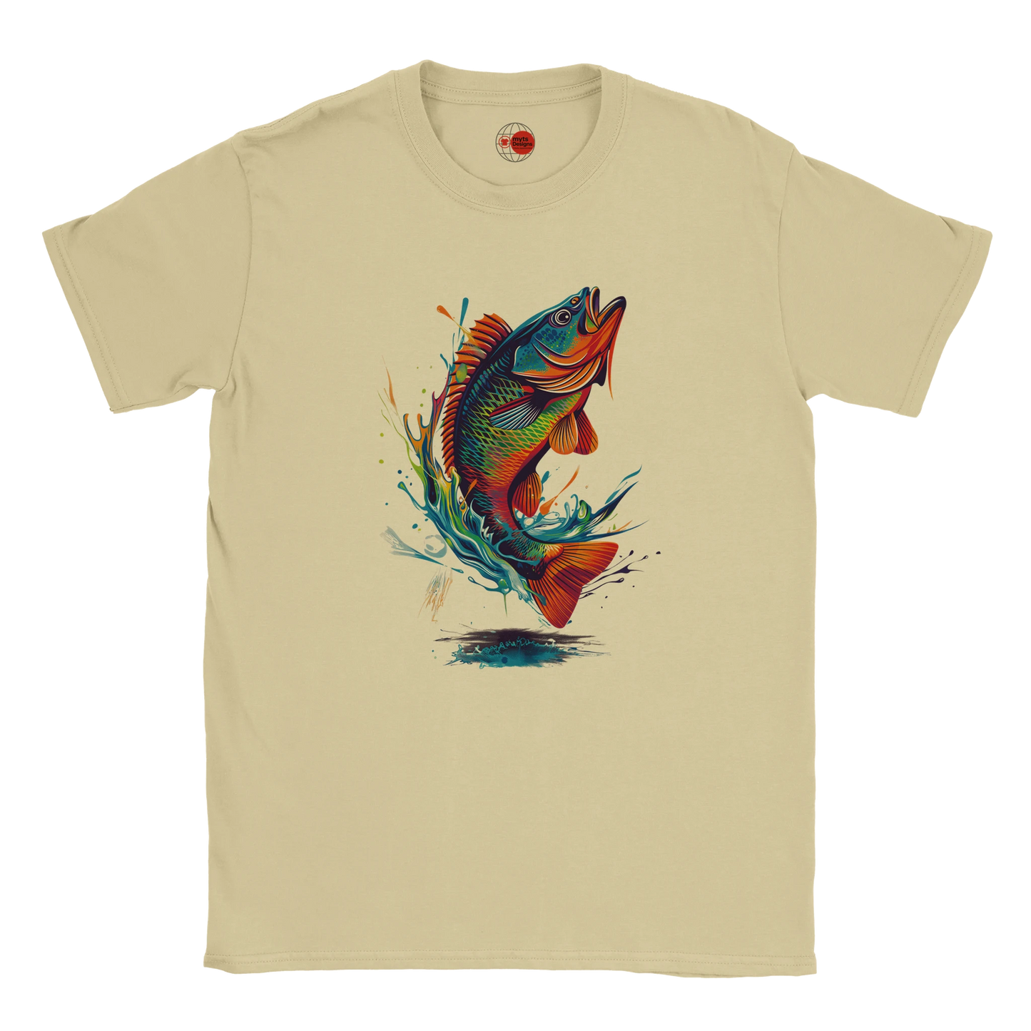 Natural t-shirt with a colorful fish graphic on a white background