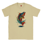 Natural t-shirt with a colorful fish graphic on a white background