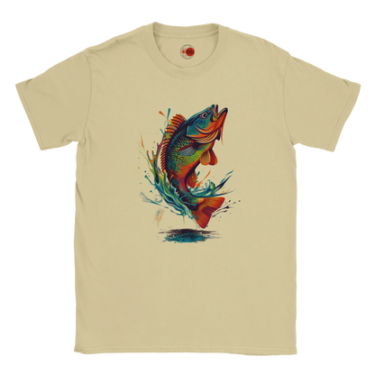 Natural t-shirt with a colorful fish graphic on a white background