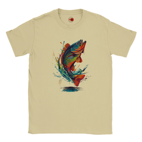 Natural t-shirt with a colorful fish graphic on a white background