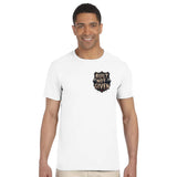 Man wearing a white t-shirt with a logo and text on a white background