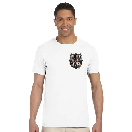 Man wearing a white t-shirt with a logo and text on a white background