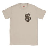 Natural t-shirt with a black logo on a white background