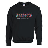 Black sweatshirt with colorful graphic and text on a white background