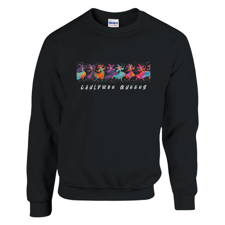 Black sweatshirt with colorful graphic and text on a white background