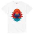 White t-shirt with a colorful geometric flower design on a white background