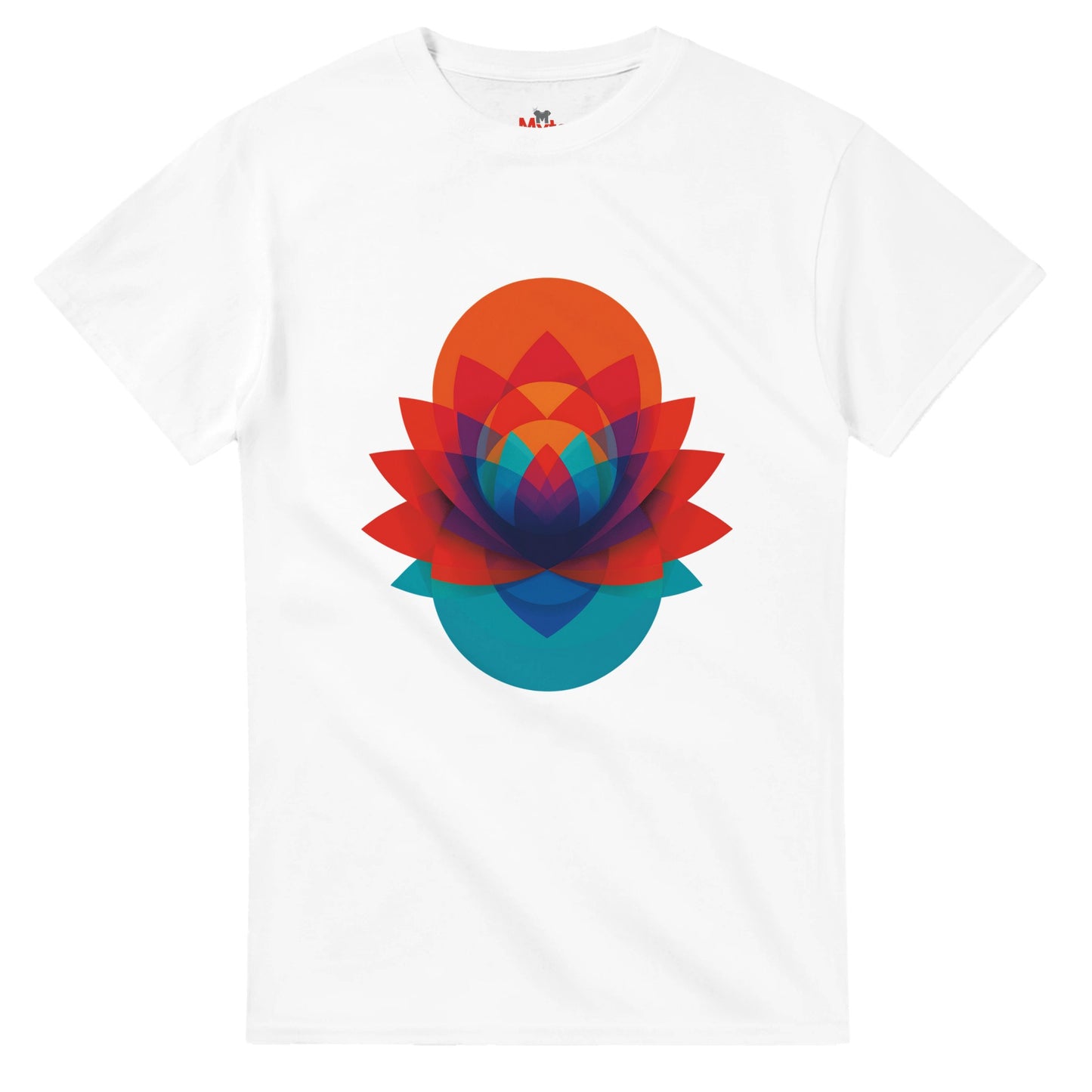White t-shirt with a colorful geometric flower design on a white background