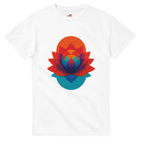 White t-shirt with a colorful geometric flower design on a white background