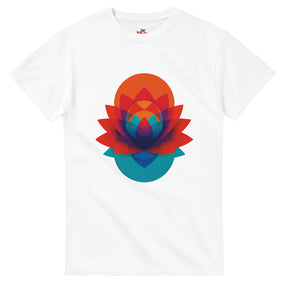 White t-shirt with a colorful geometric flower design on a white background