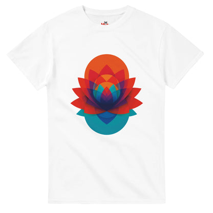 White t-shirt with a colorful geometric flower design on a white background