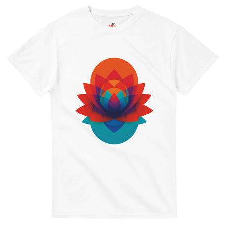 White t-shirt with a colorful geometric flower design on a white background