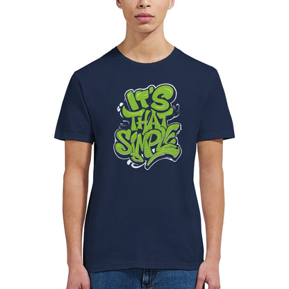 Girl wearing a navy T-shirt featuring groovy 60s-style “It’s That Simple” psychedelic text design – printed on soft cotton