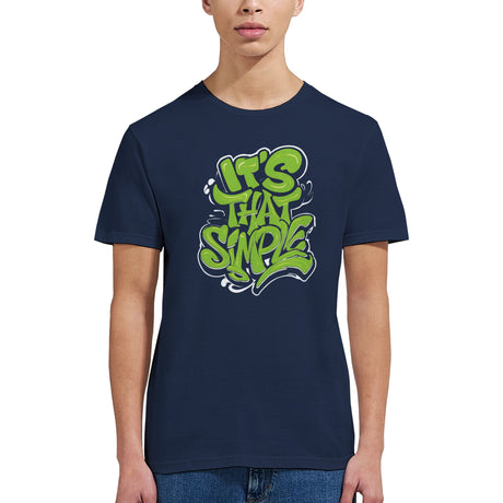 Girl wearing a navy T-shirt featuring groovy 60s-style “It’s That Simple” psychedelic text design – printed on soft cotton