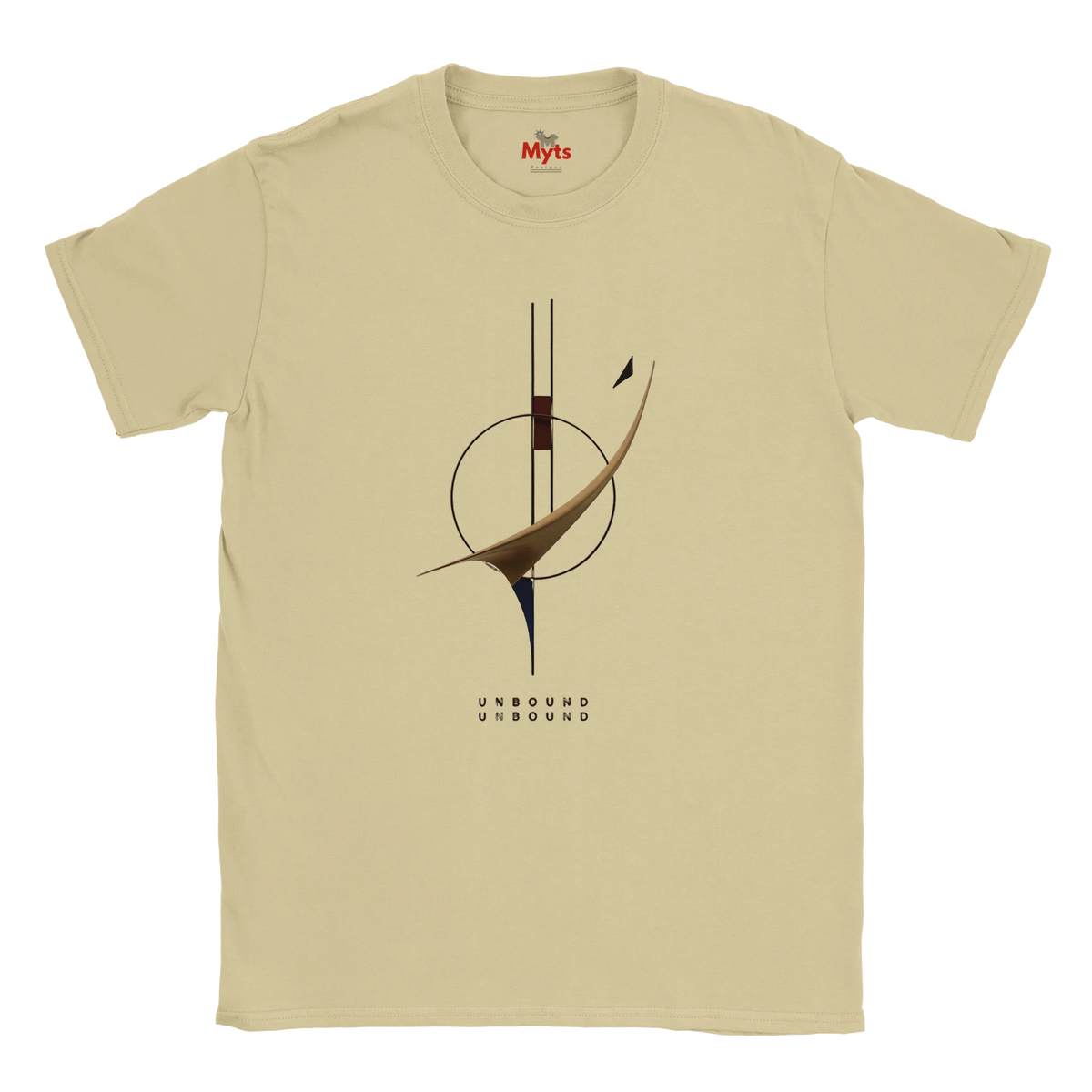 A Sand crewneck T-shirt with a graphic print that reads 'UNBOUND' above an illustration of a minimalist graphic design