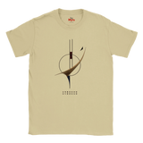 A Sand crewneck T-shirt with a graphic print that reads 'UNBOUND' above an illustration of a minimalist graphic design