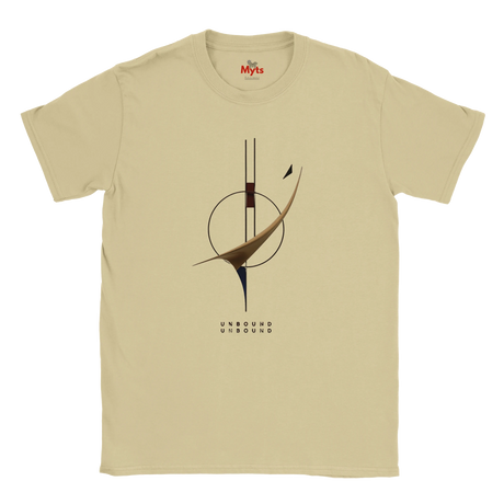 A Sand crewneck T-shirt with a graphic print that reads 'UNBOUND' above an illustration of a minimalist graphic design