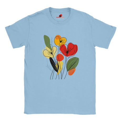 Light Blue t-shirt featuring minimalist floral line art with abstract red, yellow, and orange flowers and green leaves, laid flat on a wooden surface with rolled sleeves.
