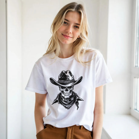 Person wearing a white t-shirt with a black skull and hat graphic design.