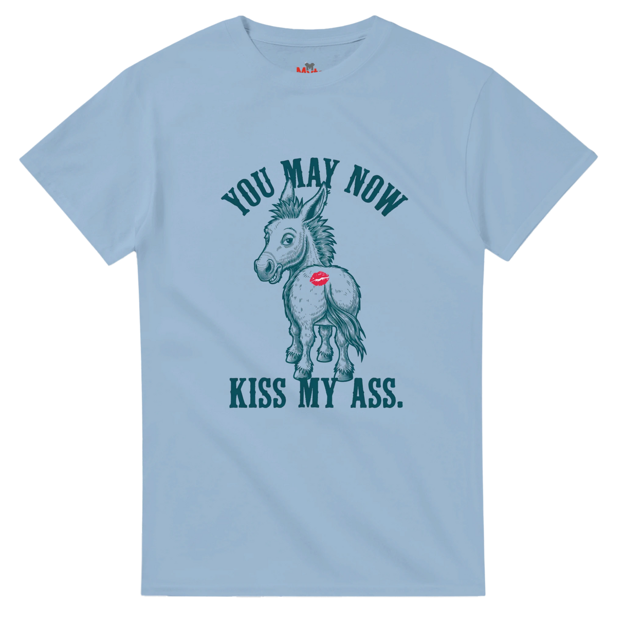 Light blue t-shirt with a graphic of a donkey and text on a white background