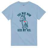 Light blue t-shirt with a graphic of a donkey and text on a white background