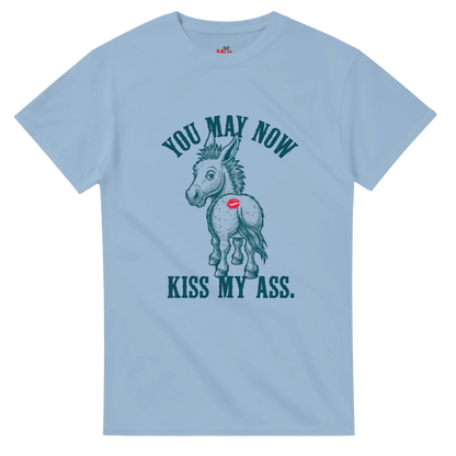 Light blue t-shirt with a graphic of a donkey and text on a white background
