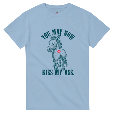 Light blue t-shirt with a graphic of a donkey and text on a white background
