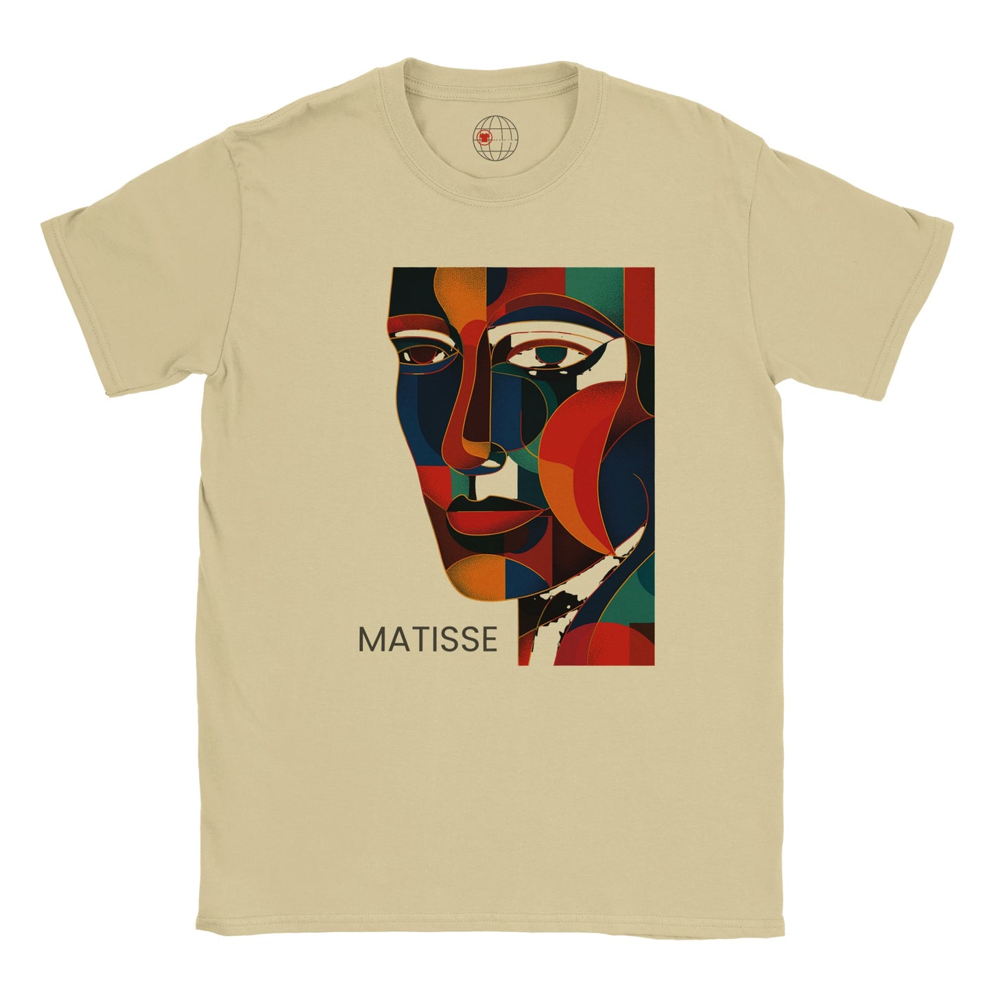 Natural t-shirt with a colorful Matisse art print on a white background