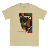 Natural t-shirt with a colorful Matisse art print on a white background