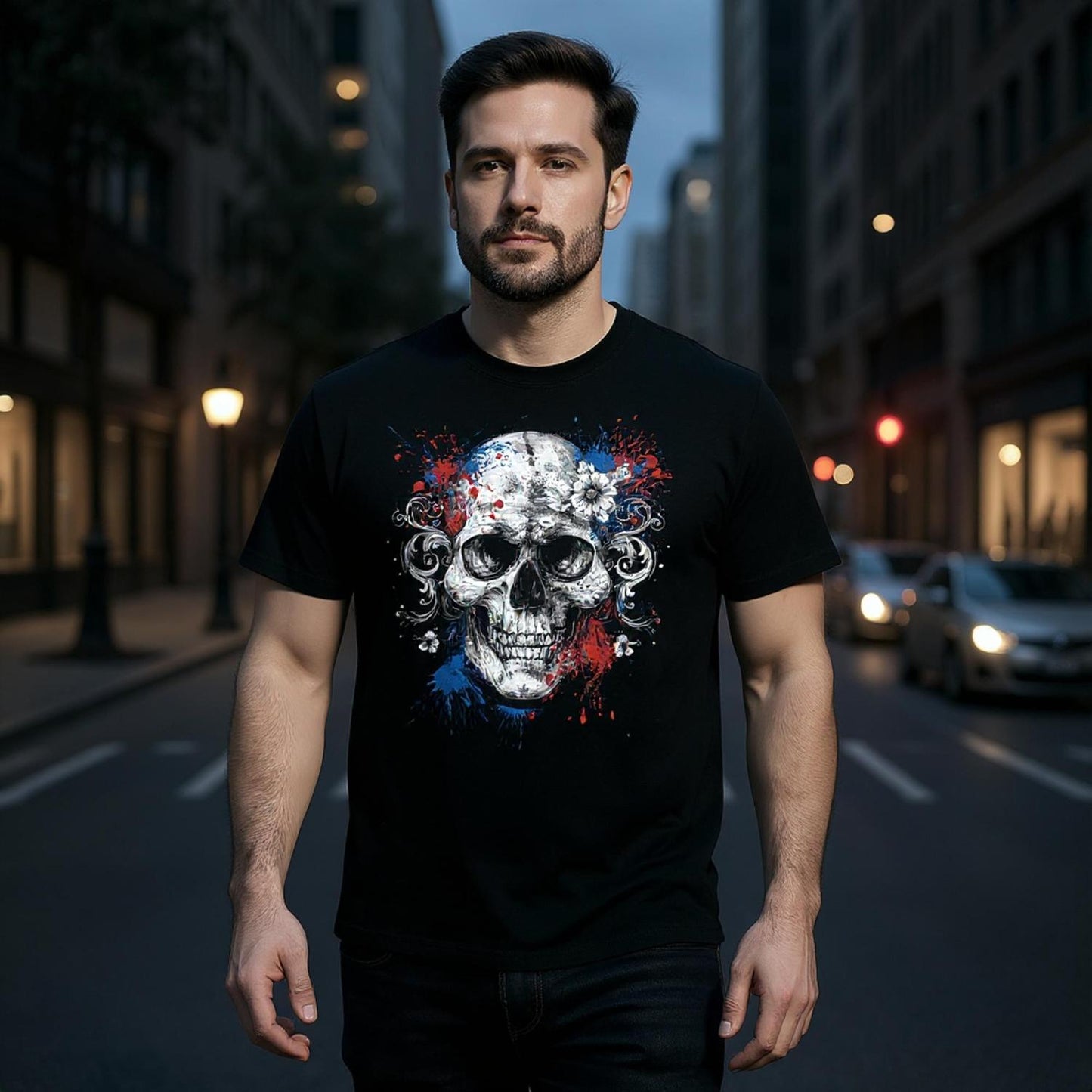 Man wearing a black t-shirt with a skull design on a city street