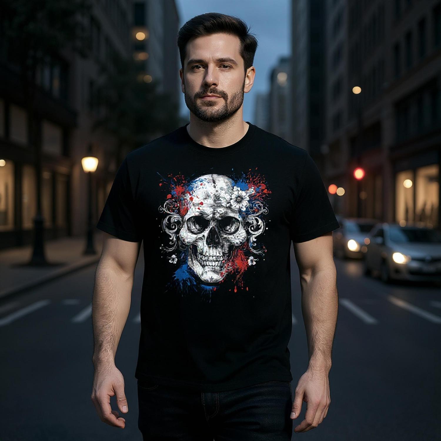 Man wearing a black t-shirt with a skull design on a city street
