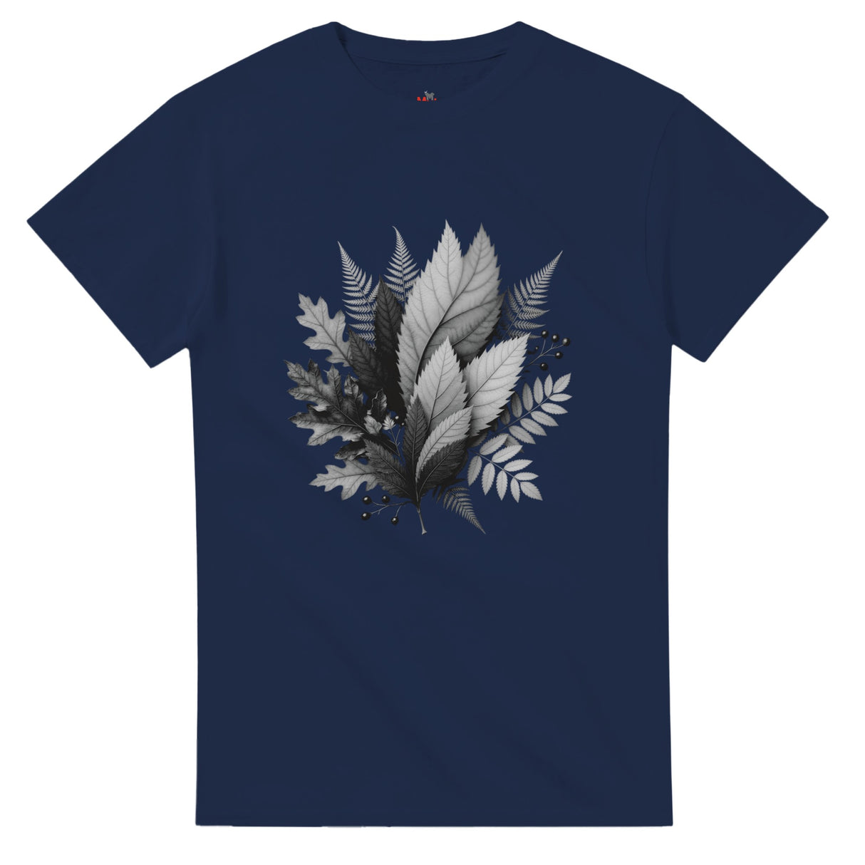 Navy blue t-shirt with leaf design on a white background