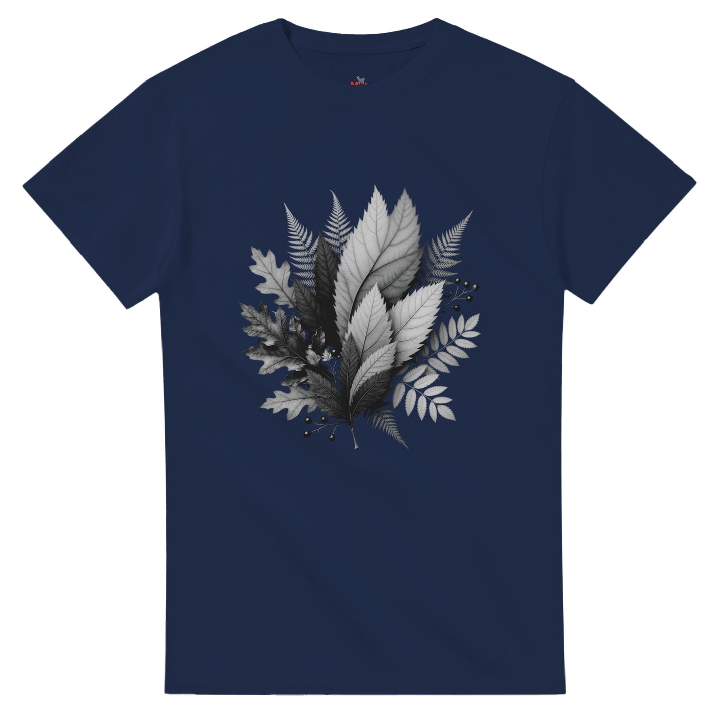Navy blue t-shirt with leaf design on a white background