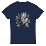 Navy blue t-shirt with leaf design on a white background