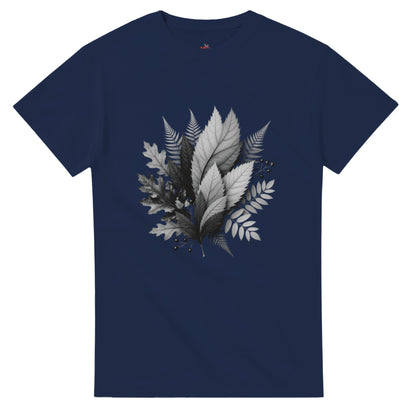 Navy blue t-shirt with leaf design on a white background