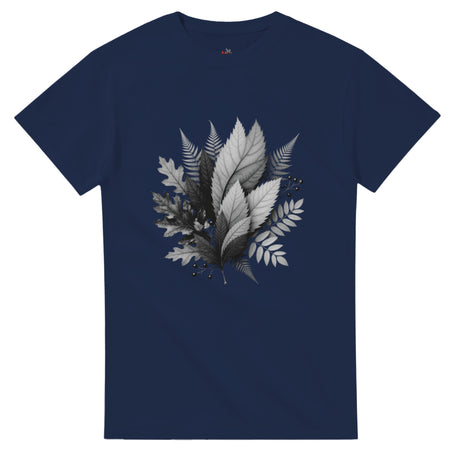 Navy blue t-shirt with leaf design on a white background