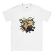 White t-shirt with a floral and fruit design on a white background
