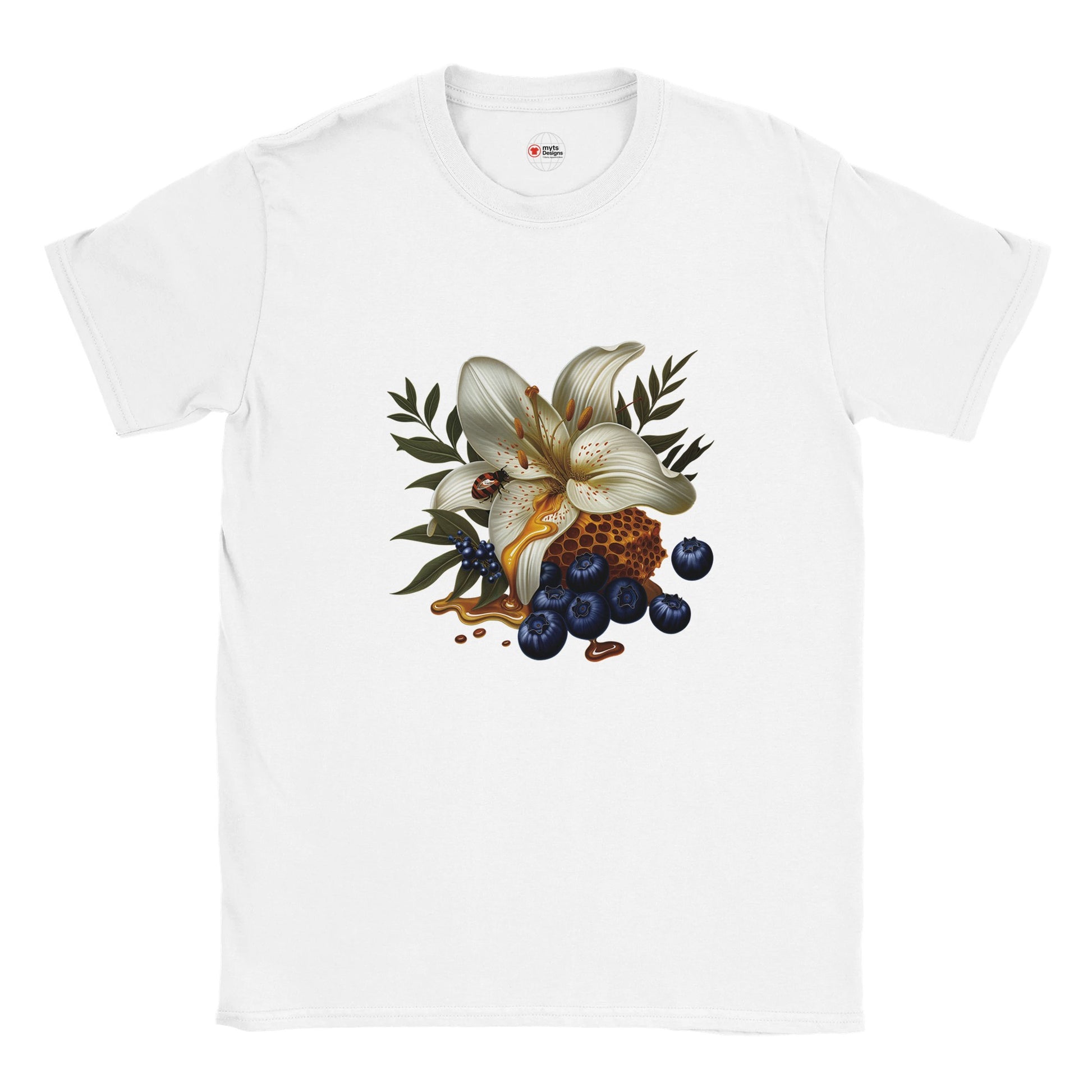 White t-shirt with a floral and fruit design on a white background