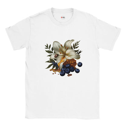 White t-shirt with a floral and fruit design on a white background